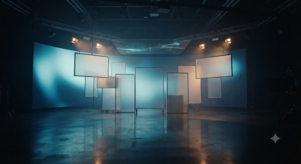 Abstract glass shards and neon panels for adaptive advertising